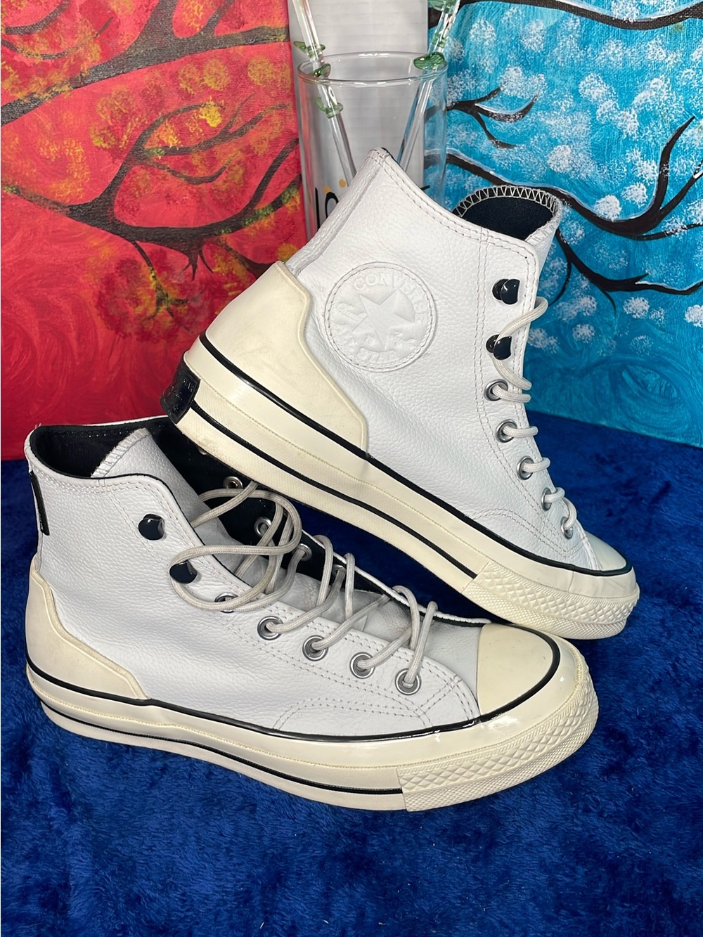 Converse White High-Top Leather Sneakers with Black Trim